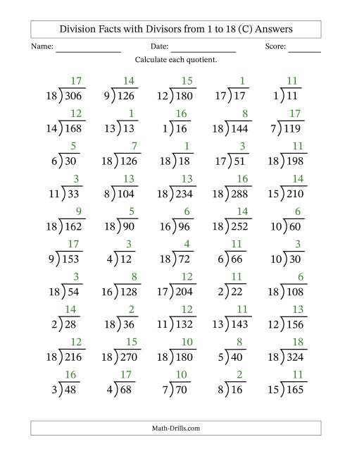 The Division Facts with Divisors and Quotients from 1 to 18 with Long Division Symbol/Bracket (C) Math Worksheet Page 2