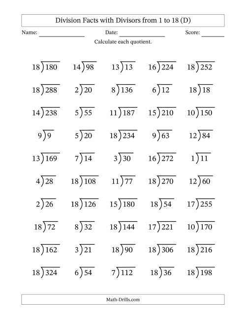 The Division Facts with Divisors and Quotients from 1 to 18 with Long Division Symbol/Bracket (D) Math Worksheet