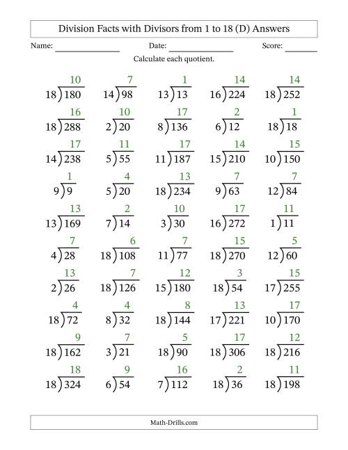 The Division Facts with Divisors and Quotients from 1 to 18 with Long Division Symbol/Bracket (D) Math Worksheet Page 2