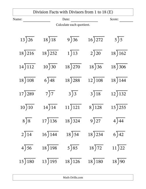 The Division Facts with Divisors and Quotients from 1 to 18 with Long Division Symbol/Bracket (E) Math Worksheet