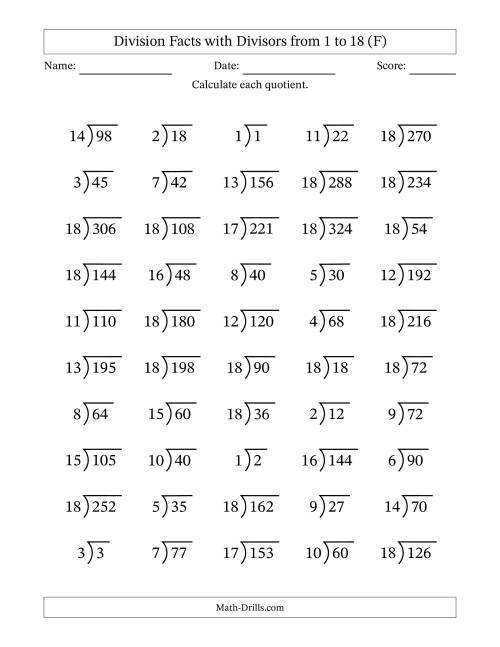The Division Facts with Divisors and Quotients from 1 to 18 with Long Division Symbol/Bracket (F) Math Worksheet