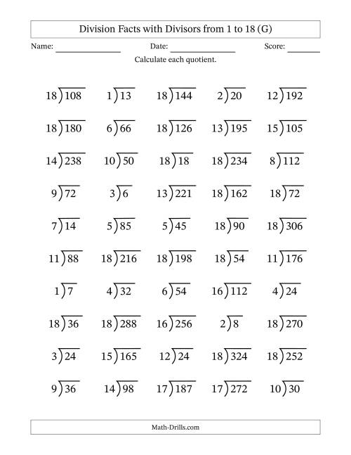 The Division Facts with Divisors and Quotients from 1 to 18 with Long Division Symbol/Bracket (G) Math Worksheet