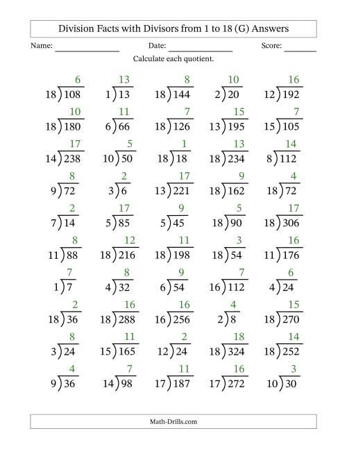 The Division Facts with Divisors and Quotients from 1 to 18 with Long Division Symbol/Bracket (G) Math Worksheet Page 2