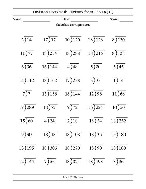 The Division Facts with Divisors and Quotients from 1 to 18 with Long Division Symbol/Bracket (H) Math Worksheet
