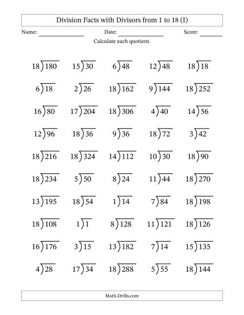 The Division Facts with Divisors and Quotients from 1 to 18 with Long Division Symbol/Bracket (I) Math Worksheet