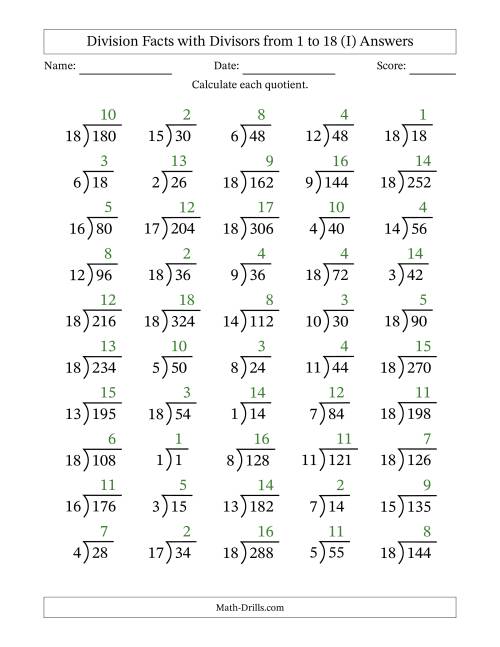 The Division Facts with Divisors and Quotients from 1 to 18 with Long Division Symbol/Bracket (I) Math Worksheet Page 2