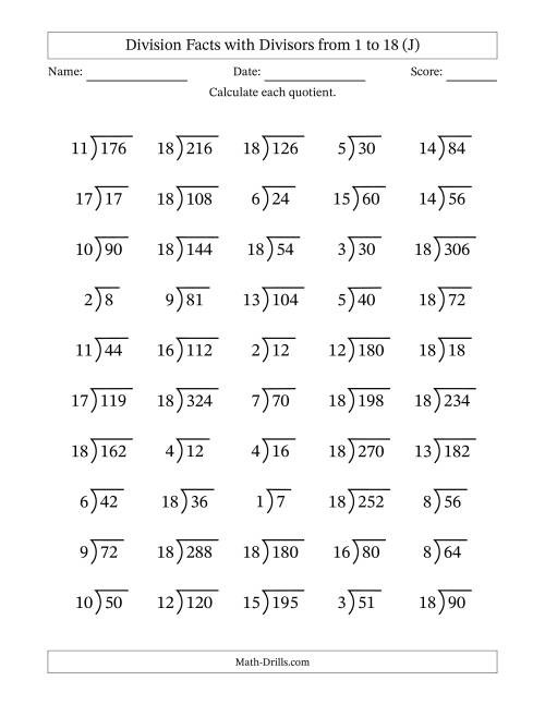 The Division Facts with Divisors and Quotients from 1 to 18 with Long Division Symbol/Bracket (J) Math Worksheet