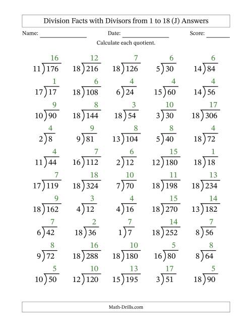 The Division Facts with Divisors and Quotients from 1 to 18 with Long Division Symbol/Bracket (J) Math Worksheet Page 2