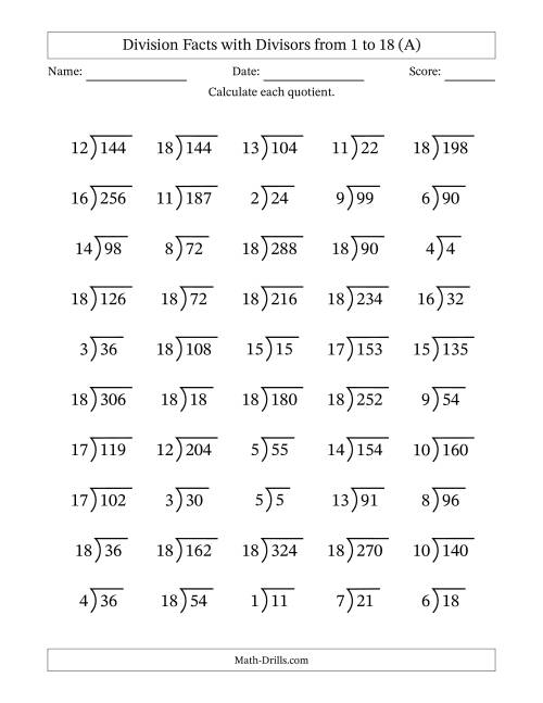 The Division Facts with Divisors and Quotients from 1 to 18 with Long Division Symbol/Bracket (All) Math Worksheet