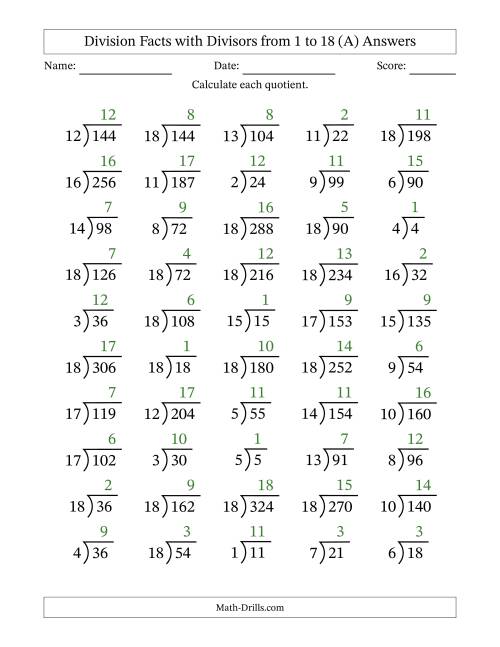 The Division Facts with Divisors and Quotients from 1 to 18 with Long Division Symbol/Bracket (All) Math Worksheet Page 2