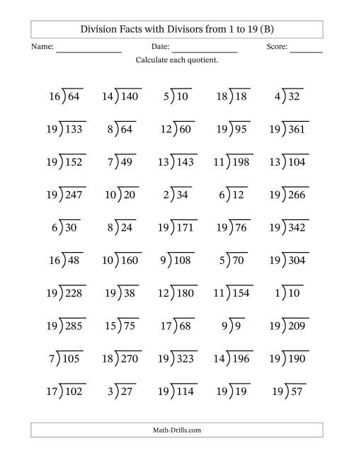 The Division Facts with Divisors and Quotients from 1 to 19 with Long Division Symbol/Bracket (B) Math Worksheet