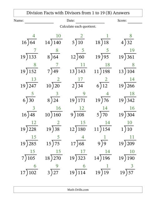 The Division Facts with Divisors and Quotients from 1 to 19 with Long Division Symbol/Bracket (B) Math Worksheet Page 2