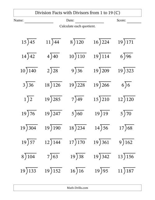 The Division Facts with Divisors and Quotients from 1 to 19 with Long Division Symbol/Bracket (C) Math Worksheet
