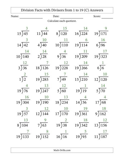 The Division Facts with Divisors and Quotients from 1 to 19 with Long Division Symbol/Bracket (C) Math Worksheet Page 2