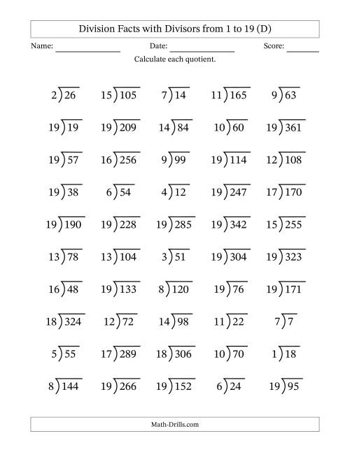 The Division Facts with Divisors and Quotients from 1 to 19 with Long Division Symbol/Bracket (D) Math Worksheet