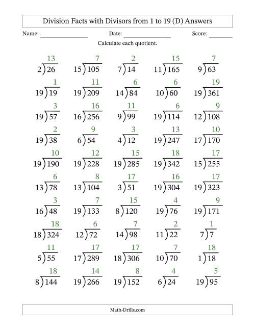 The Division Facts with Divisors and Quotients from 1 to 19 with Long Division Symbol/Bracket (D) Math Worksheet Page 2