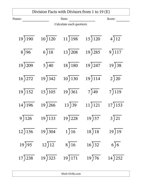 The Division Facts with Divisors and Quotients from 1 to 19 with Long Division Symbol/Bracket (E) Math Worksheet