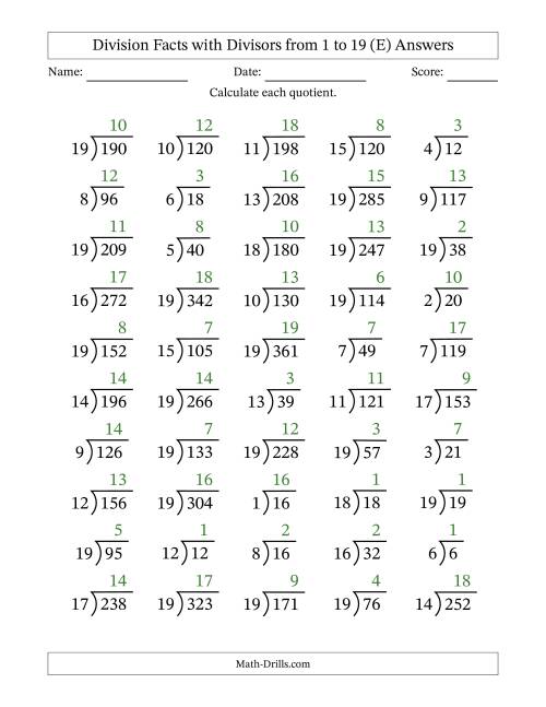 The Division Facts with Divisors and Quotients from 1 to 19 with Long Division Symbol/Bracket (E) Math Worksheet Page 2