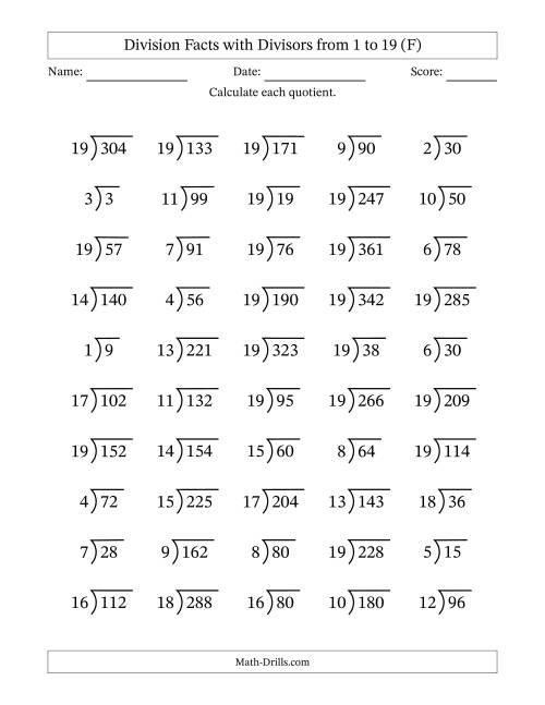 The Division Facts with Divisors and Quotients from 1 to 19 with Long Division Symbol/Bracket (F) Math Worksheet