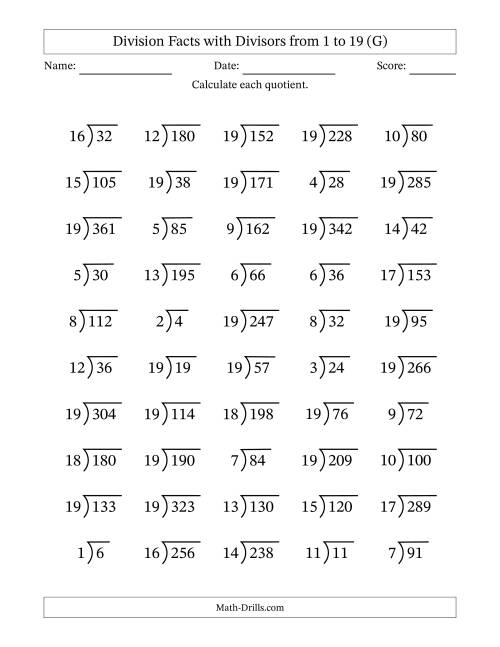 The Division Facts with Divisors and Quotients from 1 to 19 with Long Division Symbol/Bracket (G) Math Worksheet