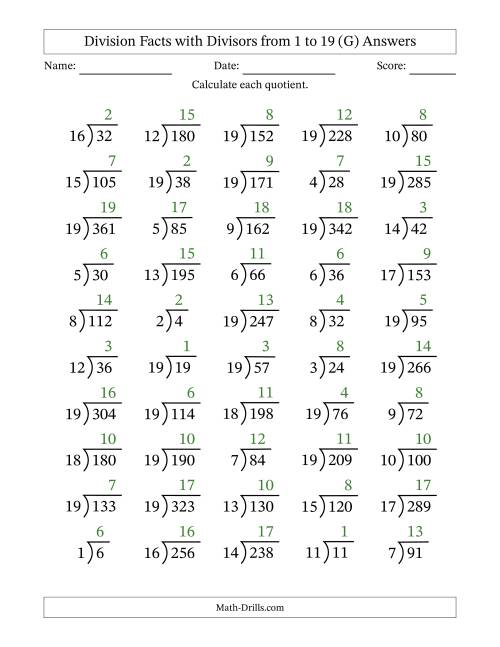 The Division Facts with Divisors and Quotients from 1 to 19 with Long Division Symbol/Bracket (G) Math Worksheet Page 2