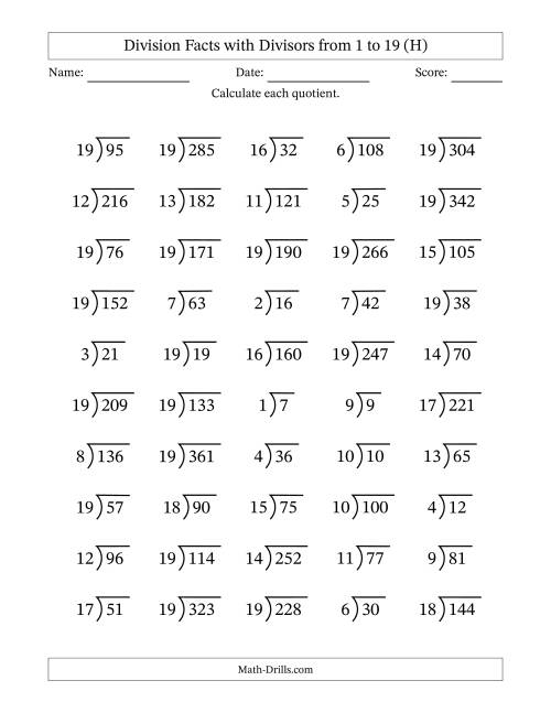 The Division Facts with Divisors and Quotients from 1 to 19 with Long Division Symbol/Bracket (H) Math Worksheet