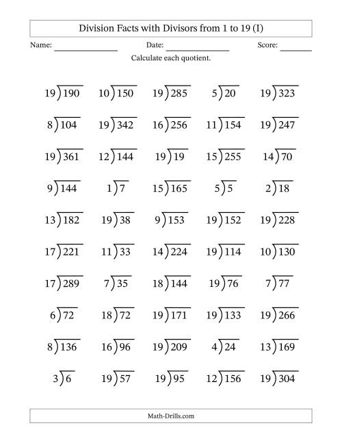 The Division Facts with Divisors and Quotients from 1 to 19 with Long Division Symbol/Bracket (I) Math Worksheet