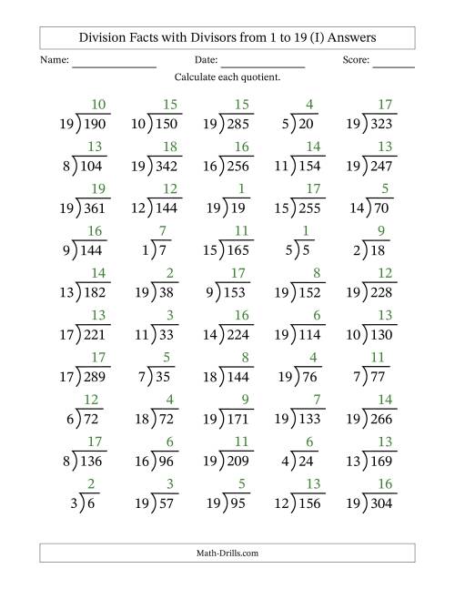 The Division Facts with Divisors and Quotients from 1 to 19 with Long Division Symbol/Bracket (I) Math Worksheet Page 2