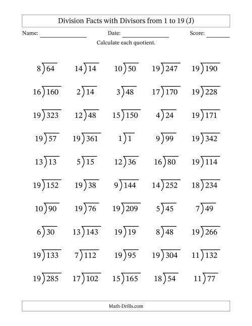 The Division Facts with Divisors and Quotients from 1 to 19 with Long Division Symbol/Bracket (J) Math Worksheet