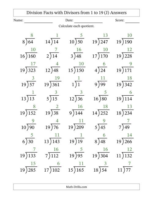 The Division Facts with Divisors and Quotients from 1 to 19 with Long Division Symbol/Bracket (J) Math Worksheet Page 2