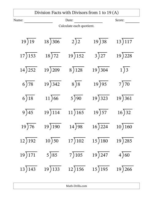 The Division Facts with Divisors and Quotients from 1 to 19 with Long Division Symbol/Bracket (All) Math Worksheet