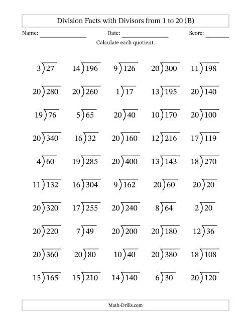 The Division Facts with Divisors and Quotients from 1 to 20 with Long Division Symbol/Bracket (B) Math Worksheet