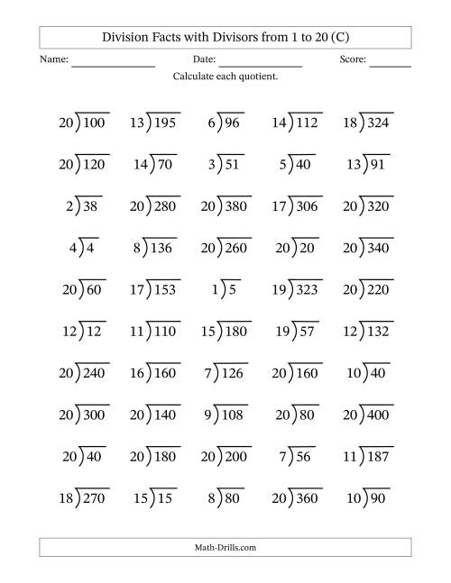 The Division Facts with Divisors and Quotients from 1 to 20 with Long Division Symbol/Bracket (C) Math Worksheet
