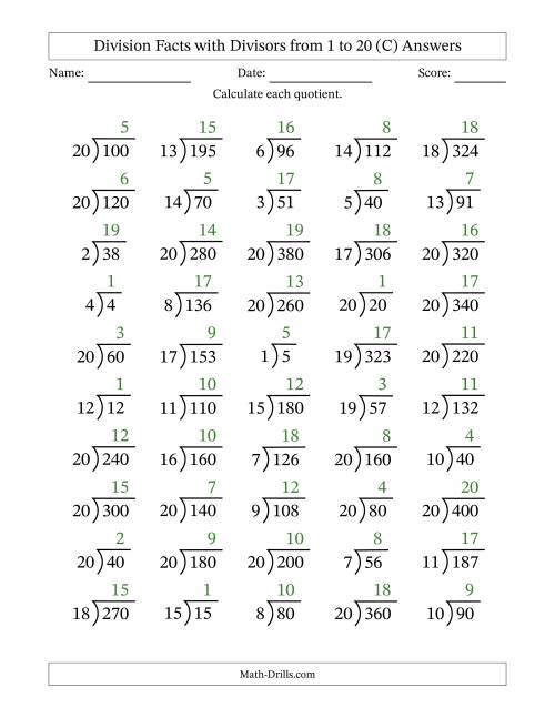 The Division Facts with Divisors and Quotients from 1 to 20 with Long Division Symbol/Bracket (C) Math Worksheet Page 2