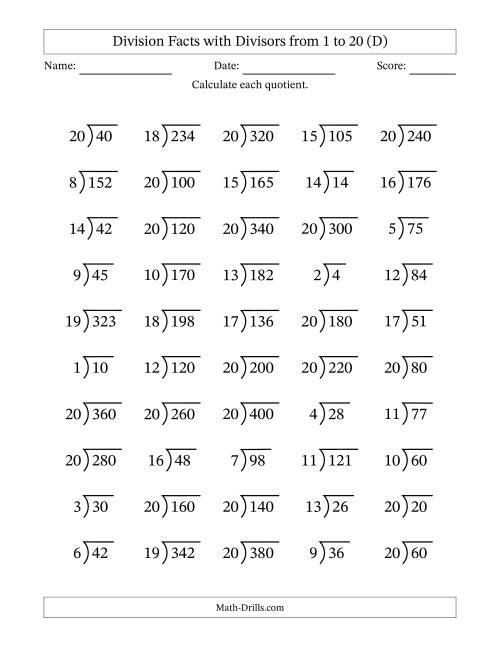 The Division Facts with Divisors and Quotients from 1 to 20 with Long Division Symbol/Bracket (D) Math Worksheet