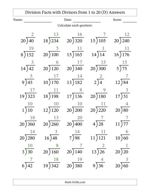 The Division Facts with Divisors and Quotients from 1 to 20 with Long Division Symbol/Bracket (D) Math Worksheet Page 2