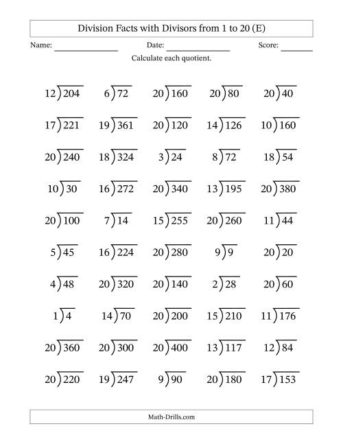 The Division Facts with Divisors and Quotients from 1 to 20 with Long Division Symbol/Bracket (E) Math Worksheet
