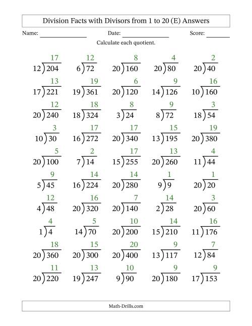 The Division Facts with Divisors and Quotients from 1 to 20 with Long Division Symbol/Bracket (E) Math Worksheet Page 2