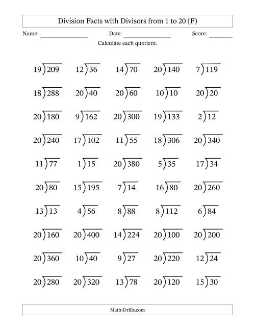 The Division Facts with Divisors and Quotients from 1 to 20 with Long Division Symbol/Bracket (F) Math Worksheet