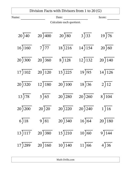The Division Facts with Divisors and Quotients from 1 to 20 with Long Division Symbol/Bracket (G) Math Worksheet