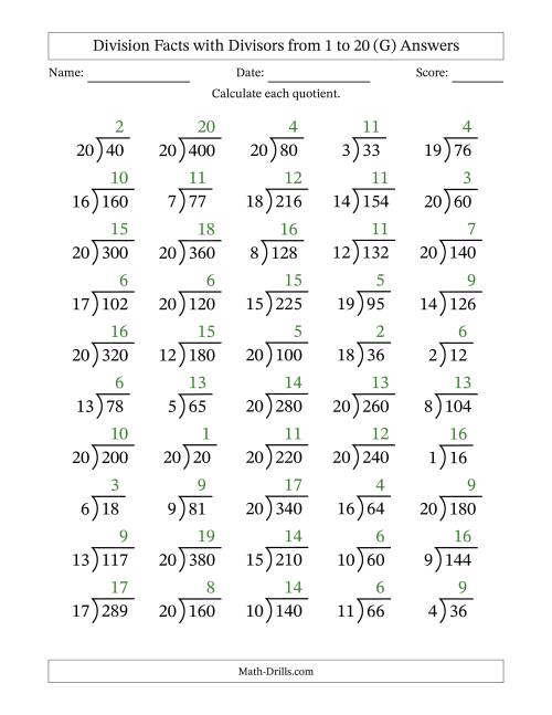 The Division Facts with Divisors and Quotients from 1 to 20 with Long Division Symbol/Bracket (G) Math Worksheet Page 2