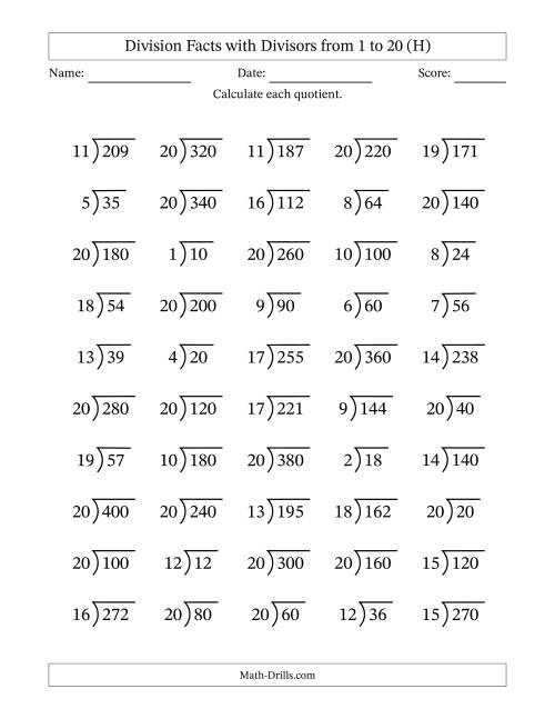 The Division Facts with Divisors and Quotients from 1 to 20 with Long Division Symbol/Bracket (H) Math Worksheet