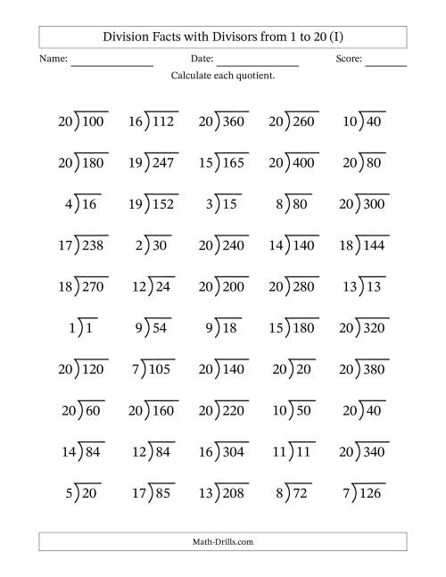 The Division Facts with Divisors and Quotients from 1 to 20 with Long Division Symbol/Bracket (I) Math Worksheet