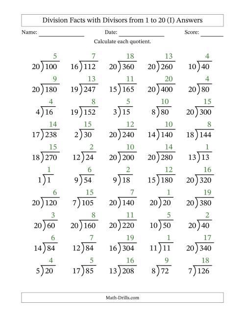 The Division Facts with Divisors and Quotients from 1 to 20 with Long Division Symbol/Bracket (I) Math Worksheet Page 2