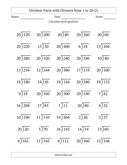 The Division Facts with Divisors and Quotients from 1 to 20 with Long Division Symbol/Bracket (J) Math Worksheet