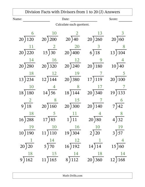 The Division Facts with Divisors and Quotients from 1 to 20 with Long Division Symbol/Bracket (J) Math Worksheet Page 2