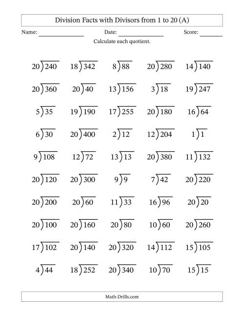 The Division Facts with Divisors and Quotients from 1 to 20 with Long Division Symbol/Bracket (All) Math Worksheet