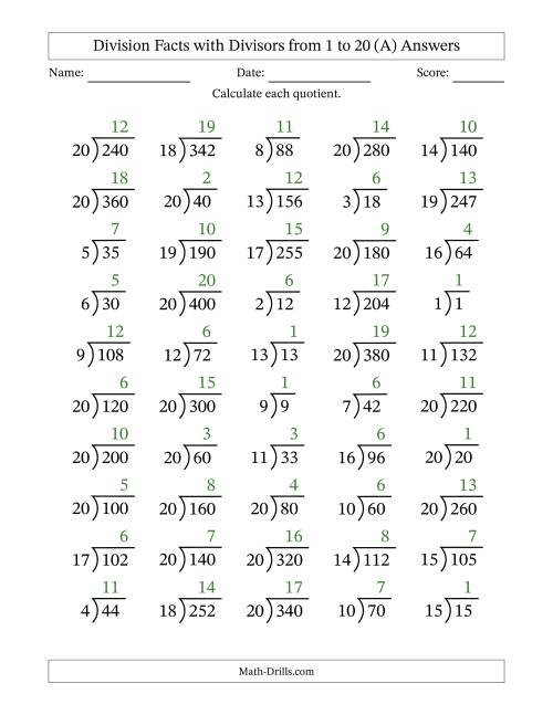 The Division Facts with Divisors and Quotients from 1 to 20 with Long Division Symbol/Bracket (All) Math Worksheet Page 2