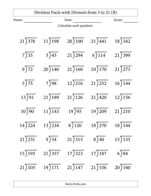 The Division Facts with Divisors and Quotients from 5 to 21 with Long Division Symbol/Bracket (B) Math Worksheet