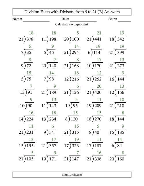 The Division Facts with Divisors and Quotients from 5 to 21 with Long Division Symbol/Bracket (B) Math Worksheet Page 2